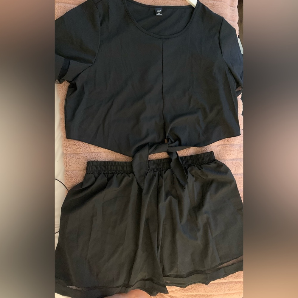 SHEIN Mesh Tie Blouse and Skirt in Black